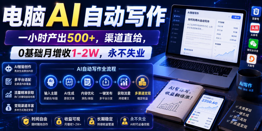 电脑AI自动写作，一小时产出500+，渠道直给，0基础月增收1-2W，永不失业【揭秘】-小创项目网