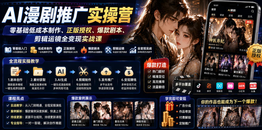 AI漫剧推广实操营｜零基础低成本制作、正版授权、爆款剧本、剪辑运镜全变现实战课-小创项目网