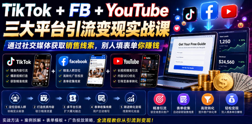 TikTok+FB+YouTube三大平台引流变现实战课，通过社交媒体获取销售线索，别人填表单你賺钱【原创双语字幕】-小创项目网
