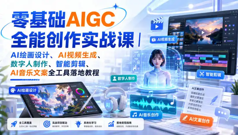 零基础AIGC全能创作实战课｜AI绘画设计、AI视频生成、数字人制作、智能剪辑、AI音乐文案全工具落地教程-小创项目网