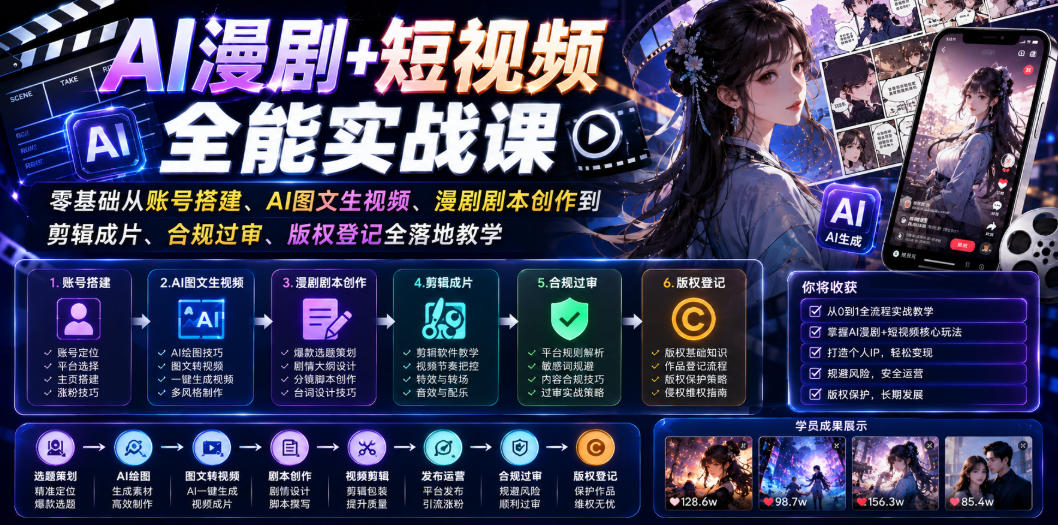 AI漫剧+短视频全能实战课｜零基础从账号搭建、AI图文生视频、漫剧剧本创作到剪辑成片、合规过审、版权登记全落地教学-小创项目网