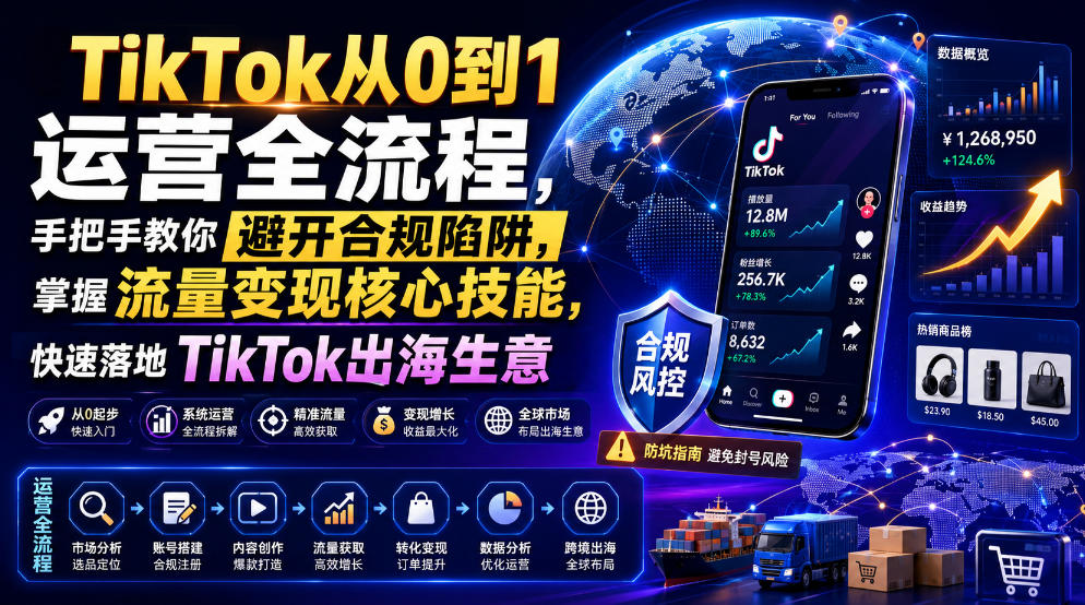 TikTok从0到1运营全流程,手把手教你避开合规陷阱,掌握流量变现核心技能,快速落地TikTok出海生意(更新7月)
