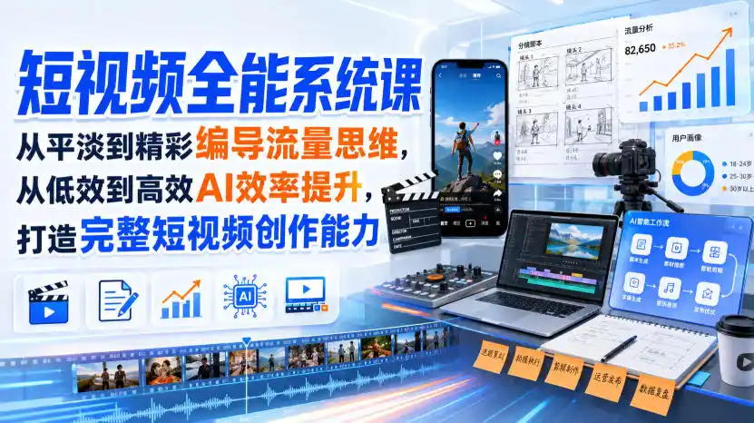 短视频全能系统课，从平淡到精彩编导流量思维，从低效到高效AI效率提升，打造完整短视频创作能力(2026年8月30更新233集)-小创项目网
