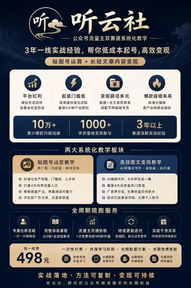 听云社公众号流量主双赛道系统化教学,3年一线实战经验,帮你低成本起号,高效变现,贴图号运营+长短文章内容变现-小创项目网