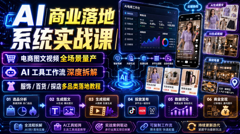 AI商业落地系统实战课｜电商图文视频全场景量产・AI工具工作流深度拆解・服饰/百货/探店多品类落地教程-小创项目网