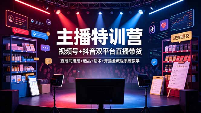 主播特训营：视频号+抖音双平台直播带货，直播间搭建+选品+话术+开播全流程系统教学-小创项目网