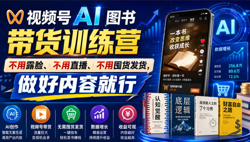 视频号AI图书带货训练营,不用露脸、不用直播、不用囤货发货,做好内容就行,一条爆款视频佣金8942