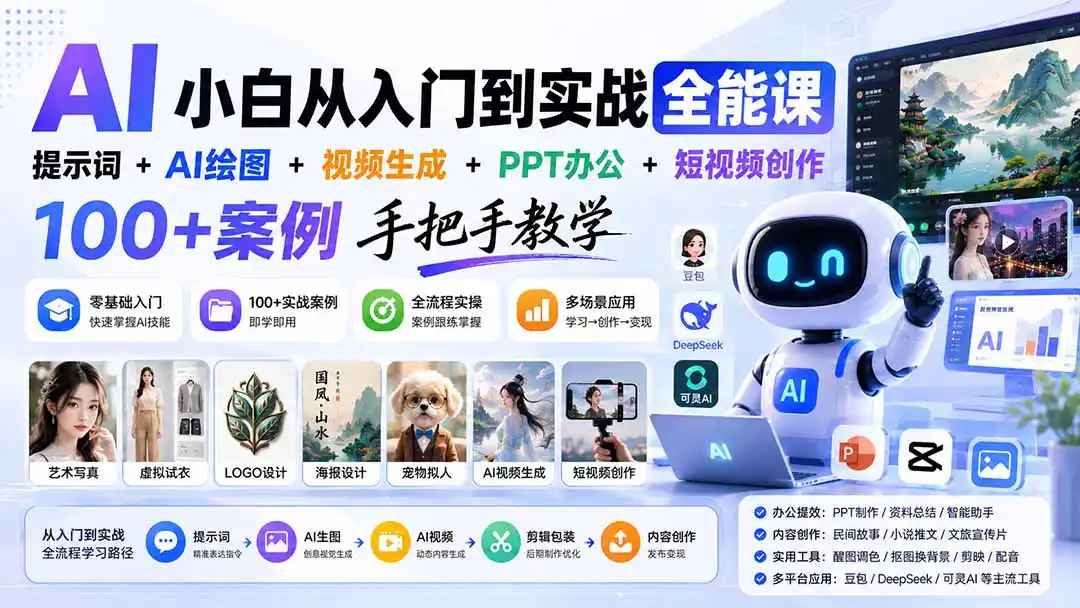 AI小白从入门到实战全能课：提示词+AI绘图+视频生成+PPT办公+短视频创作，100+案例手把手教学-小创项目网