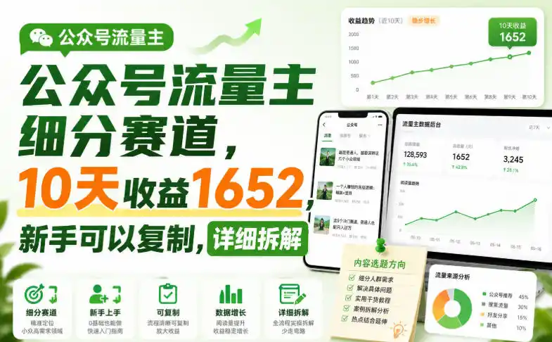 公众号流量主细分赛道，10天收益1652，新手可以复制，详细拆解-小创项目网