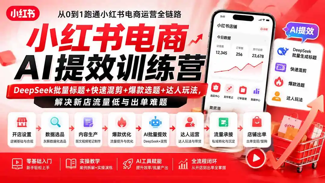小红书电商AI提效训练营—DeepSeek批量标题+快速混剪+爆款选题+达人玩法，解决新店流量低与出单难题-小创项目网