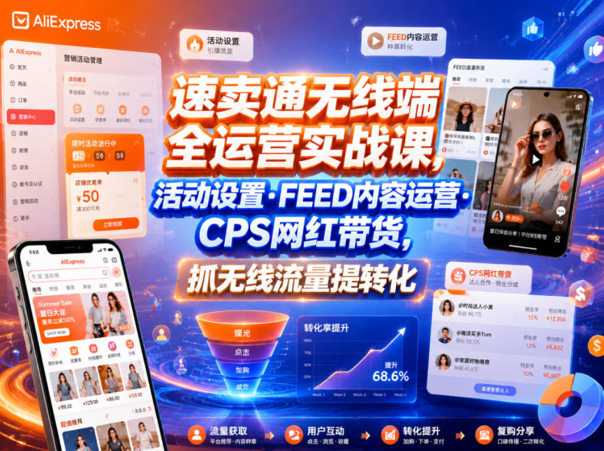 速卖通无线端全运营实战课，活动设置・FEED内容运营・CPS网红带货，抓无线流量提转化-小创项目网