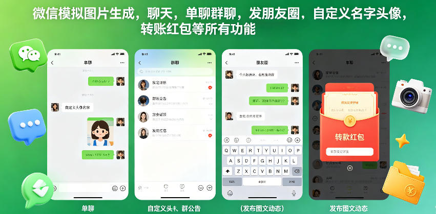 微信模拟图片生成，聊天，单聊群聊，发朋友圈，自定义名字头像，转账红包等所有功能都可以生成-小创项目网