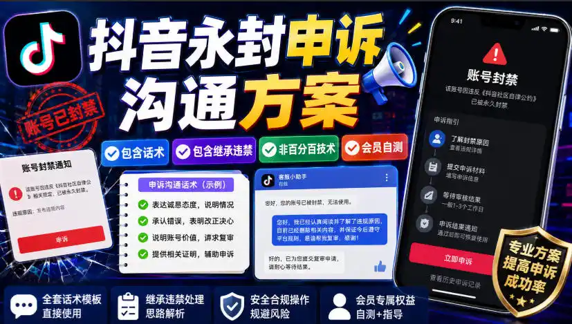 抖音永封申诉沟通方案，包含话术，包含继承违禁，非百分百技术，会员自测-小创项目网