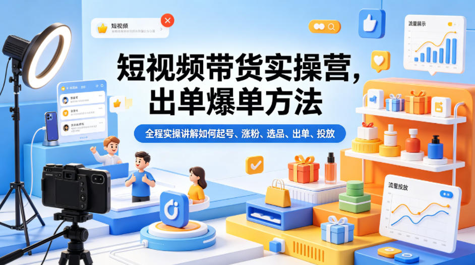 短视频带货实操营，出单爆单方法，全程实操讲解如何起号、涨粉、选品、出单、投放-小创项目网