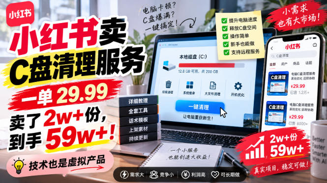 小红书卖C盘清理服务，一单29.99，卖了2w+份，技术也是虚拟产品-小创项目网