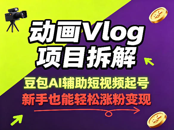动画Vlog项目拆解，豆包AI辅助短视频起号，新手也能轻松涨粉，43条作品涨粉8.3W-小创项目网