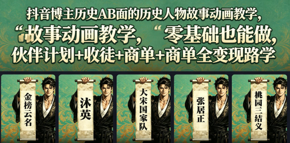 抖音博主历史AB面的历史人物故事动画教学，零基础也能做，伙伴计划+收徒+商单全变现路径教学-小创项目网