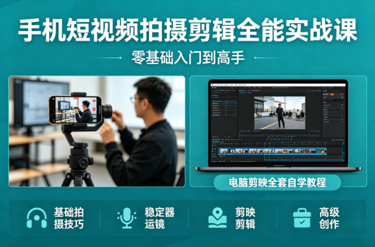 手机短视频拍摄剪辑全能实战课：零基础入门到高手，稳定器运镜+电脑剪映全套自学教程-小创项目网