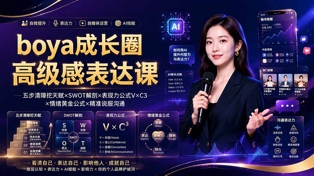 boya成长圈|内心成长高级表达AI自媒体三合一,消解内耗挖掘天赋,镜头沟通AI指令短视频全流程教学-小创项目网