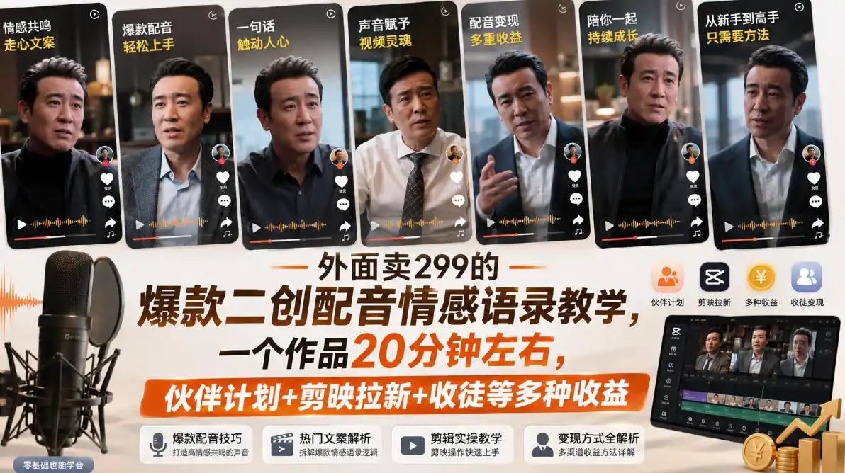 外面卖299的爆款二创配音情感语录教学,一个作品20分钟左右,伙伴计划+剪映拉新+收徒等多种收益