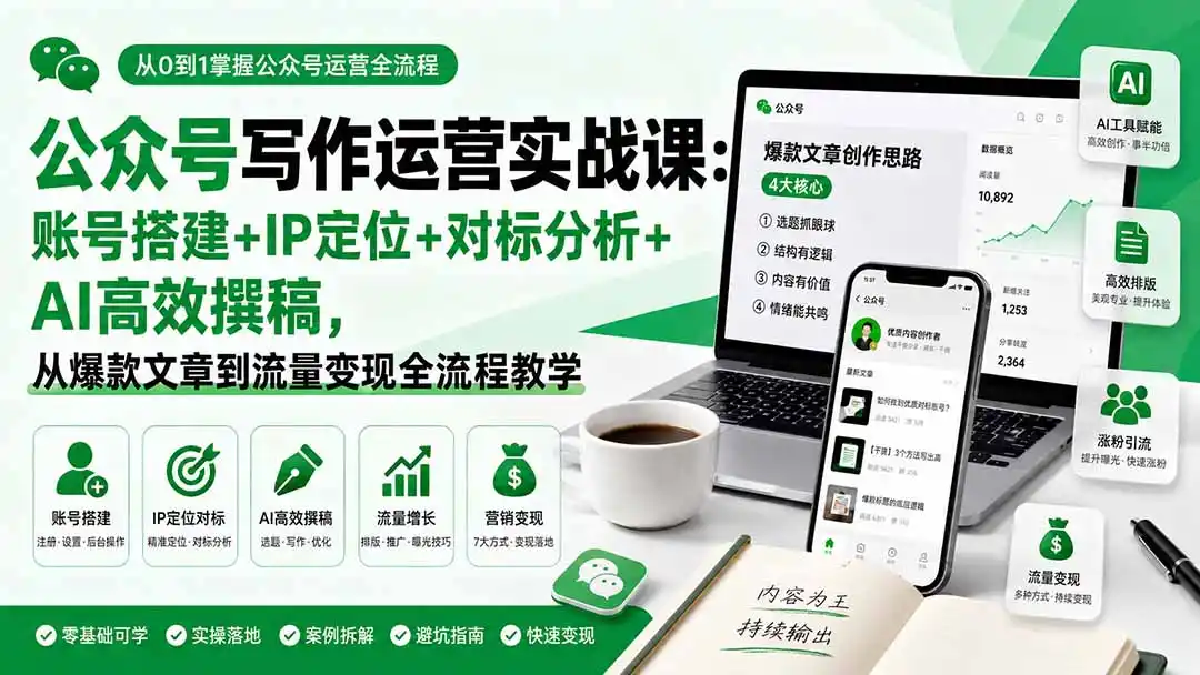 公众号写作运营实战课：账号搭建+IP定位+对标分析+AI高效撰稿，从爆款文章到流量变现全流程教学-小创项目网