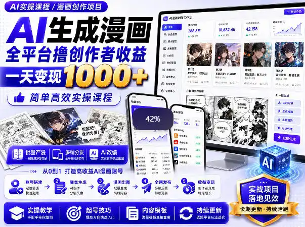 AI生成漫画全平台撸创作者收益内部课程，实操最高单日变现1k+-小创项目网