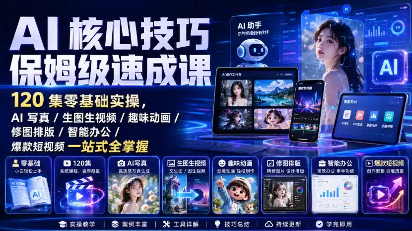 AI核心技巧保姆级速成课｜120集零基础实操，AI写真/生图生视频/趣味动画/修图排版/智能办公/爆款短视频一站式全掌握(更新)-小创项目网