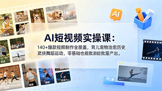 AI短视频实操课：140+爆款视频制作全覆盖，育儿宠物治愈历史武侠舞蹈运动，零基础也能批量产出-小创项目网