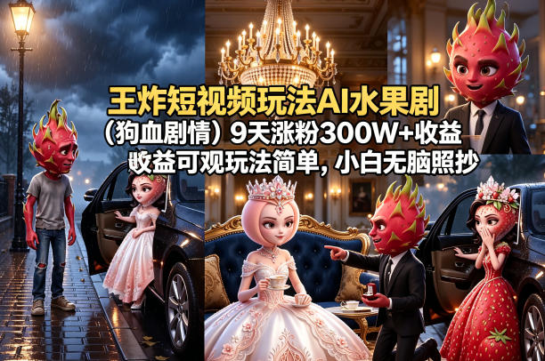 王炸短视频玩法AI水果剧(狗血剧情)9天涨粉300W+收益可观玩法简单，小白无脑照抄，详细拆解玩法-小创项目网