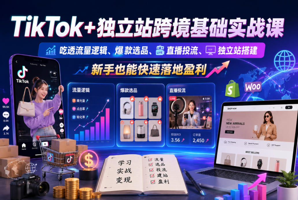 TikTok+独立站跨境基础实战课，吃透流量逻辑、爆款选品、直播投流与独立站搭建，新手也能快速落地盈利-小创项目网