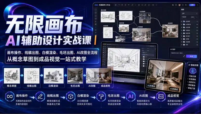 无限画布AI辅助设计实战课｜画布操作、线稿出图、白模渲染、毛坯出图、AI改图全流程，从概念草图到成品视觉一站式教学-小创项目网