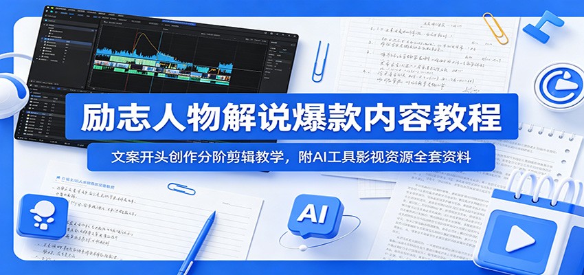 励志人物解说爆款内容教程：文案开头创作分阶剪辑教学，附AI 工具影视资源全套资料-小创项目网
