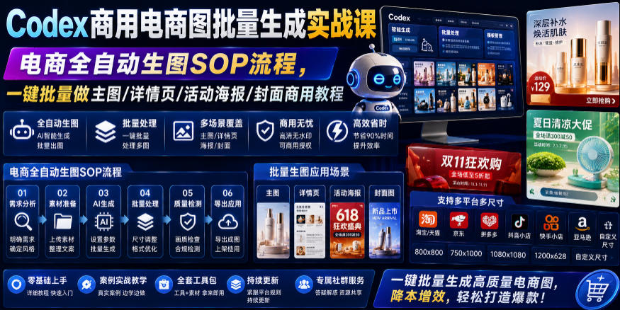 Codex商用电商图批量生成实战课｜电商全自动生图SOP流程，一键批量做主图/详情页/活动海报/封面商用教程-小创项目网