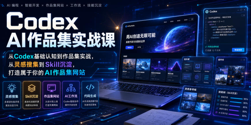 Codex AI作品集实战课，从Codex基础认知到作品集实战，从灵感搜集到Skill沉淀，打造属于你的AI作品集网站-小创项目网