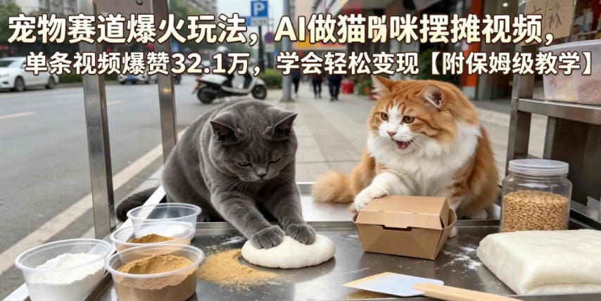 宠物赛道爆火玩法，AI做猫咪摆摊视频，单条视频爆赞32.1万，学会轻松变现【附保姆级教学】-小创项目网