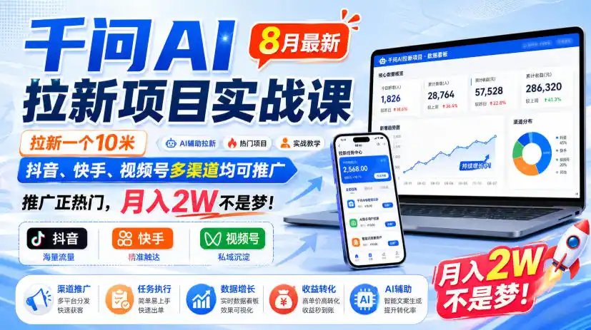 千问AI拉新项目实战课8月最新，拉新一个10米，抖音、快手、视频号多渠道均可推广，推广正热门，月入2W不是梦!-小创项目网