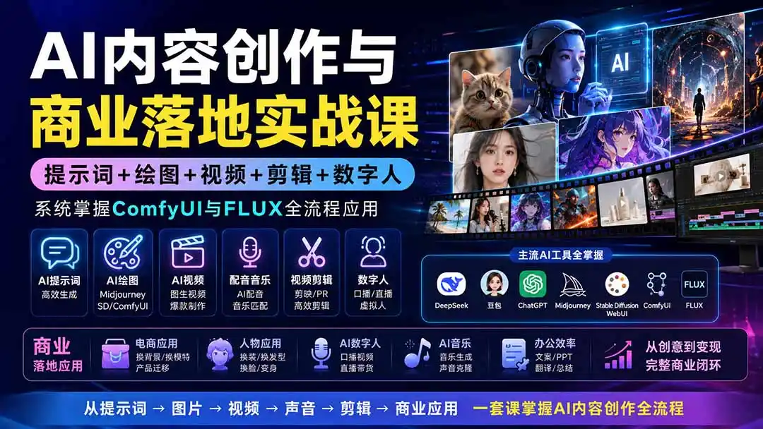 AI内容创作与商业落地实战课：提示词+绘图+视频+剪辑+数字人，系统掌握ComfyUI与FLUX全流程应用-小创项目网