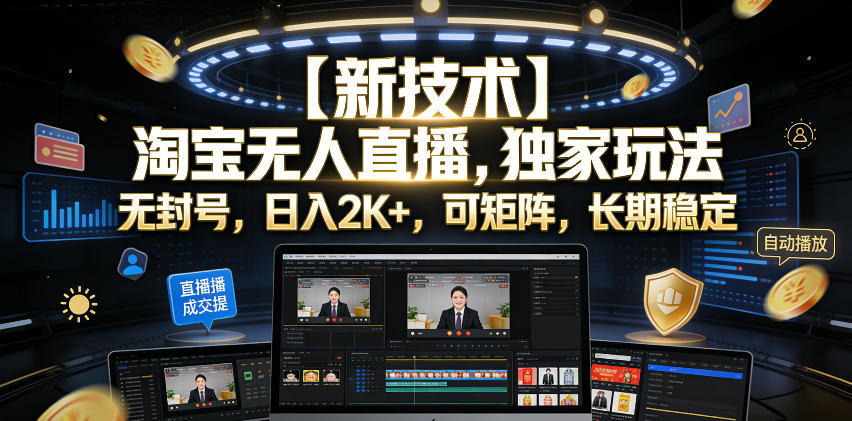 【新技术】淘宝无人直播，独家玩法，无封号，日入2K+，可矩阵，长期稳定【揭秘】-小创项目网