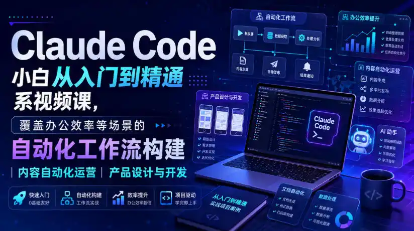 Claude Code小白从入门到精通系视频课，覆盖办公效率等场景的自动化工作流构建|内容自动化运营|产品设计与开发-小创项目网