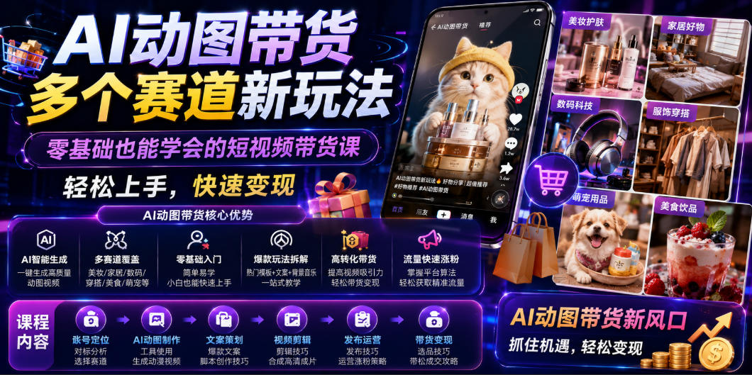 AI动图带货多个赛道新玩法，零基础也能学会的短视频带货课，轻松上手，快速变现-小创项目网