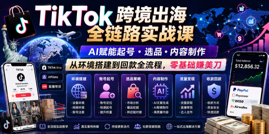 TikTok跨境出海全链路实战课，AI赋能起号・选品・内容制作，从环境搭建到回款全流程，零基础賺美刀-小创项目网