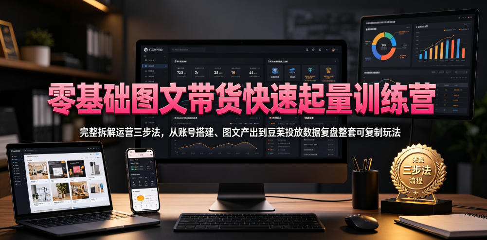 零基础图文带货快速起量训练营，完整拆解运营三步法，从账号搭建、图文产出到豆荚投放数据复盘整套可复制玩法-小创项目网