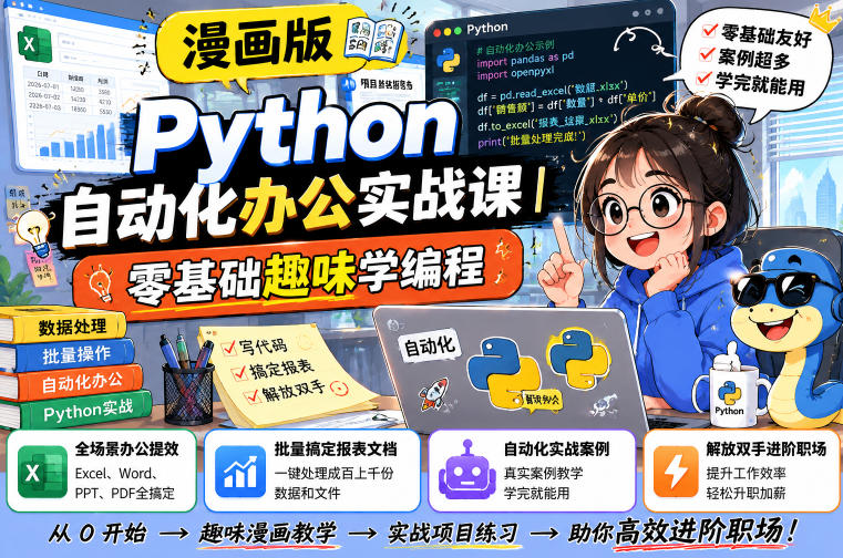 漫画版Python自动化办公实战课｜零基础趣味学编程，全场景办公提效、批量搞定报表文档、解放双手进阶职场-小创项目网