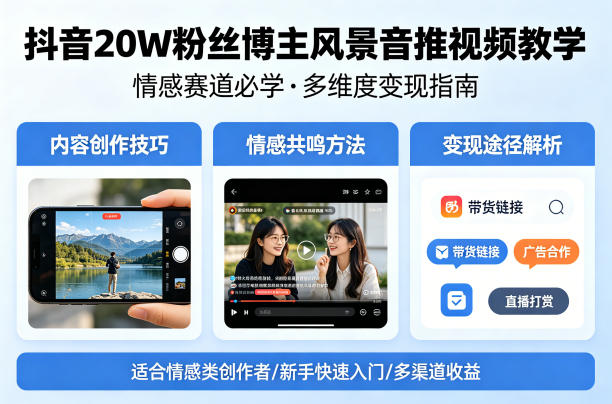 抖音20W粉丝博主风景音推视频教学，情感赛道必学，各种变现途径-小创项目网