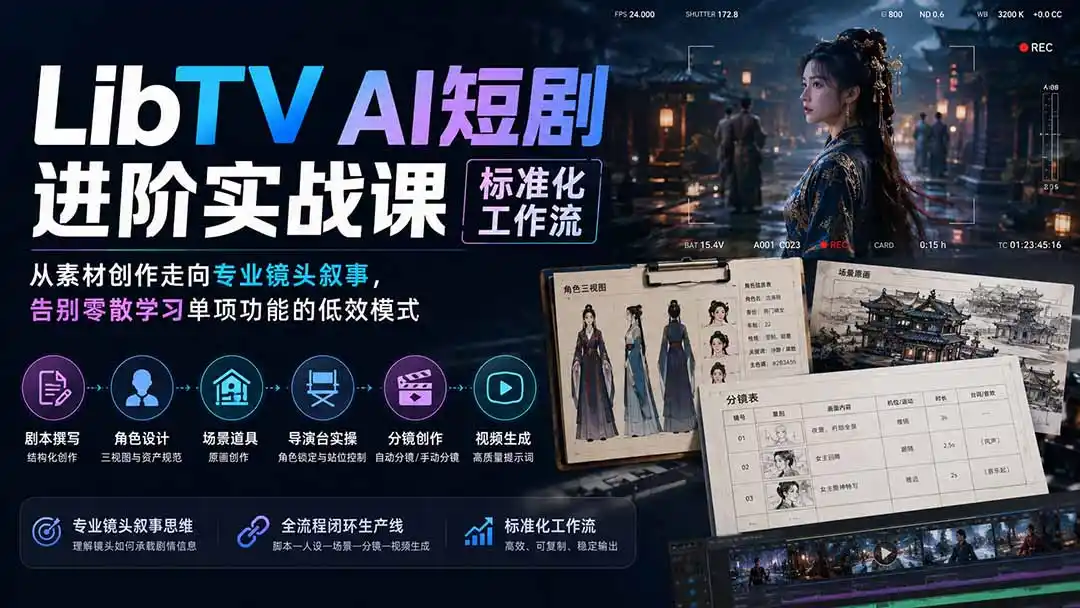 LibTV AI短剧进阶实操课标准化工作流；从素材创作走向专业镜头叙事，告别零散学习单项功能的低效模式-小创项目网