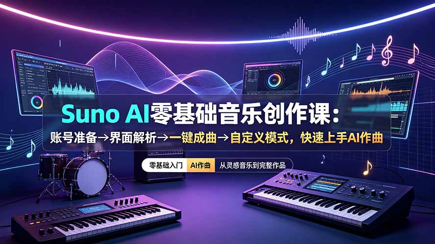 Suno AI零基础音乐创作课：账号准备→界面解析→一键成曲→自定义模式，快速上手AI作曲-小创项目网